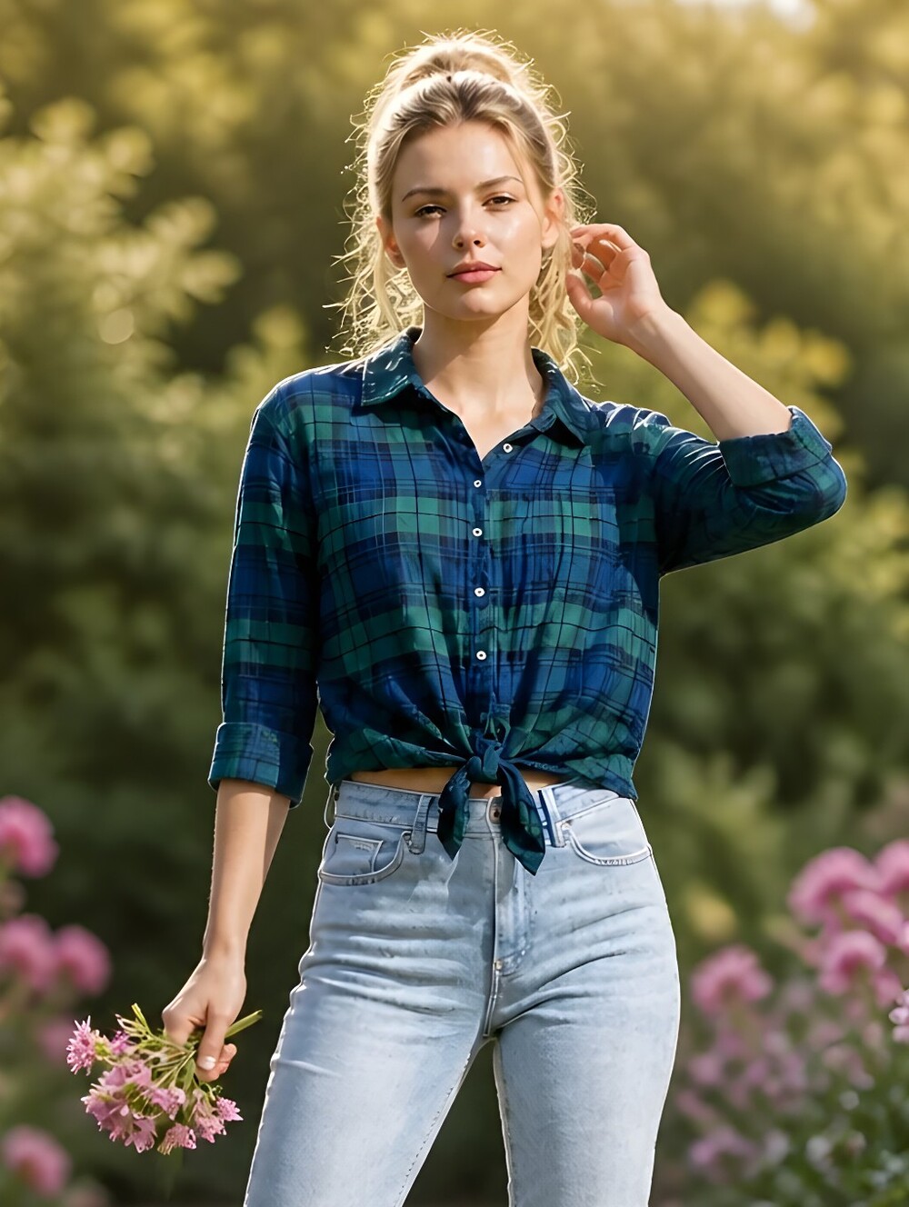 Style Envy Green Blue Plaid Tie Front Button Down Shirt Long Sleeves Lg